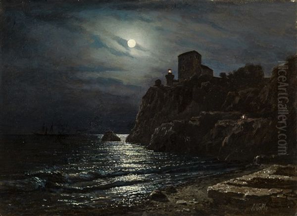 Moonlit Coast With A Castle - view 1