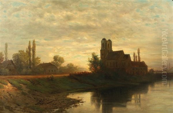 Sunset Over A Riverside Church With Figures - view 1