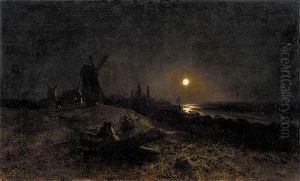 Seascape With A Mill By Moonlight by Lev Felixovich Lagorio