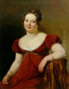 Portrait Of A Lady In A Red Dress, A Shawl Draped Over A Chair