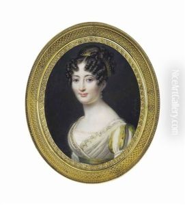 Adelaide Du Trochet, In White Dress With Embroidered Edge, White And Green Short Puffed Sleeves, Green Belt, Her Dark Upswept Hair Dressed In Curls by Anthelme Francois Lagrenee