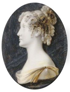 A Young Lady, In Profile To Left, In Yellow Dress With Shoulder Clasp, A Headband In Her Upswept Dressed Hair