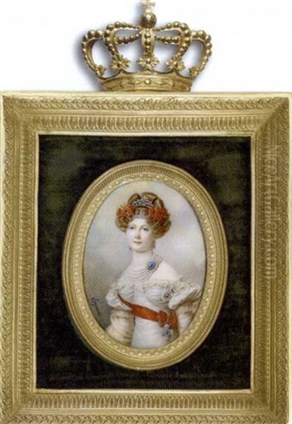 Grand Duchess Elena Pavlovna In Lace-bordered White Dress, Long White Gloves, Wearing Five Strand Pearl Necklace With Large Sapphire Clasp, Drop Sapphire Earrings, Red Carnations - view 1