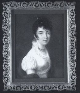 A Lady, Wearing White Dress With Frilled Gauze Trim, Red Shawl And Coral Necklace