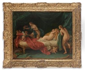 Jeune Femme Nue Dans Un Lit Taquinee Par Des Amours by Louis Jean Francois Lagrenee