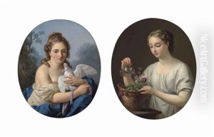 A Young Woman Holding A Dove (la Douce Captivite) And A Woman Watering A Pot Of Matthiola (' La Jeune Athenienne ') (pair) by Louis Jean Francois Lagrenee