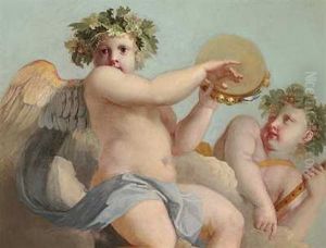 To Musicerende Amoriner Med Tamburin Og Flojte