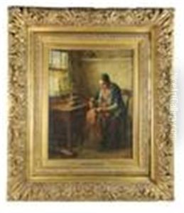 Interior With A Woman Sewing Garments At A Window