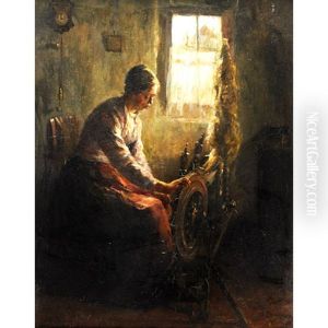 Woman Spinning Wool By A Window