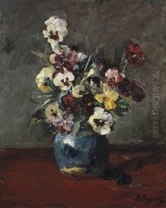 A Still Life With Violets In A Blue Vase