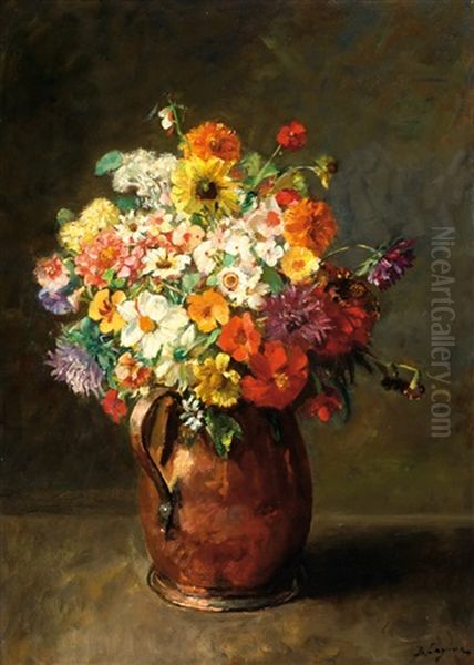 A Bunch Of Flowers In A Brass Jug - view 1