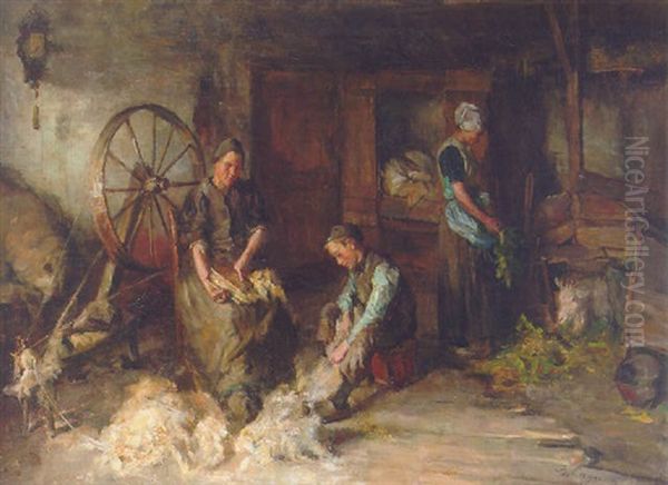 A Farm Interior With A Peasant Family Gathered Around A Spinning-wheel by Baruch Lopes de Leao Laguna