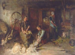 A Farm Interior With A Peasant Family Gathered Around A Spinning-wheel by Baruch Lopes de Leao Laguna