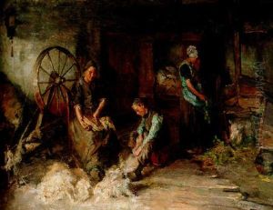 A Farm Interior With A Peasant Family Gathered Around A Spinning Wheel A Farm Interior With A Peasant Family Gathered Around A Spinning Wheel