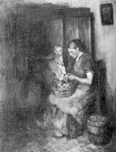 Larens Interieur Met Aardappelschillende Vrouw