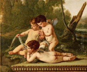 Trois Putti Tenant Une Guirlande De Fleurs by Laurent de (LaHyre) LaHire
