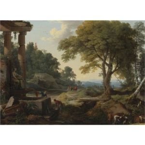 Landscape With Two Women At A Fountain, A Herd Of Cows At A Stream And Travellers On Horseback by Laurent de (LaHyre) LaHire