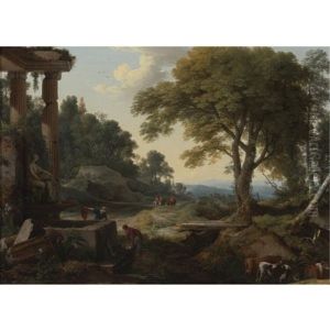 Landscape With Two Women At A Fountain, A Herd Of Cows At A Stream And Travelers On Horseback Landscape With Two Women At A Fountain, A Herd Of Cows At A Stream And Travelers On Horseback