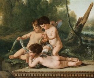 Putti Tenant Une Guirlande De Fleurs by Laurent de (LaHyre) LaHire