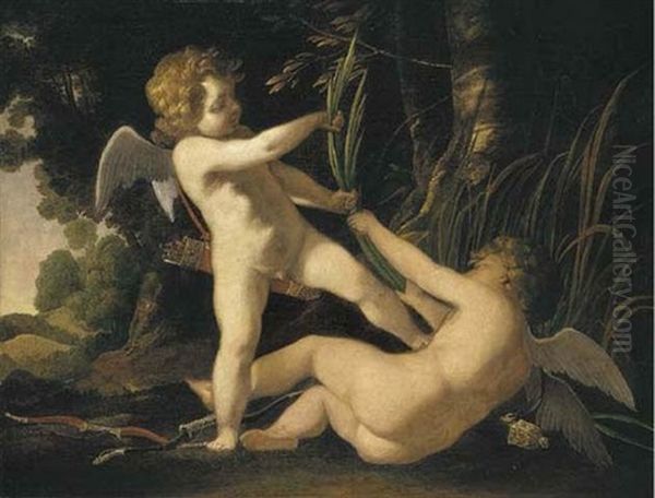 Two Winged Putti Disporting In A Landscape - view 1