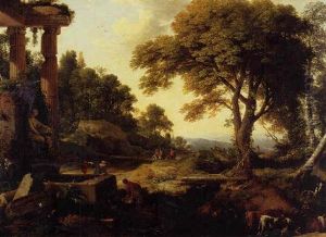 Landscape With Two Women At A Fountain, A Herd Of Cows At A Stream And Travelers On Horseback Beyond by Laurent de (LaHyre) LaHire
