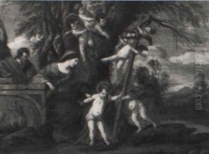 Die Heilige Familie Mit Engeln In Einer Landschaft by Laurent de (LaHyre) LaHire