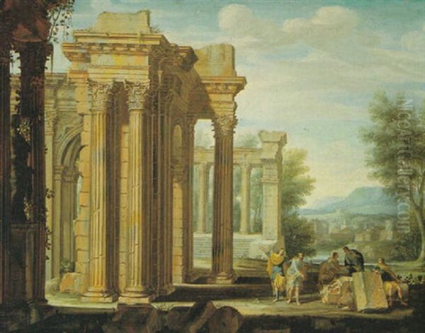 Figures Resting Beside Classical Ruins In A Mountainous River Landscape - view 1