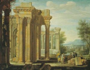 Figures Resting Beside Classical Ruins In A Mountainous River Landscape by Laurent de (LaHyre) LaHire