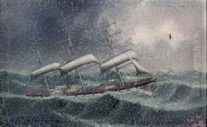 Ship Portrait - Three Masted Sailing Ship In Choppy Seas by Lai Fong