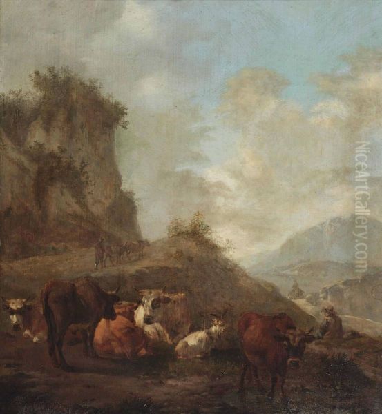 A Mountainous Landscape With Herdsmen And Their Cattle - view 1