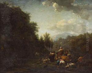An Extensive Landscape With Drovers And Otherfigures With Sheep, Cattle And Goats By A Stream by Abraham Jansz Begeyn