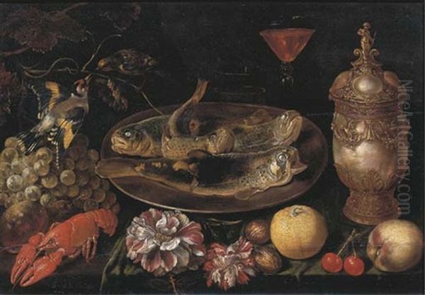 Trouts On A Silver Platter, A Facon De Venise Wine Glass, A Nautilus Gold Mounted Mother-of-pearl Jar With Cover, With Gold Cupid Finial, Fruit, Walnuts, Carnations And A Lobster, On A Draped Table - view 1