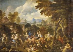 Bacchanalisches Fest Mit Der Bestrafung Eines Fauns Vor Heroischer Landschaft