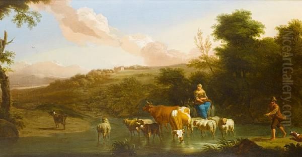 Shepherds Grazing Their Cattle Before An Open Italianate Landscape - view 1