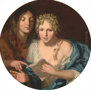 A Lady Holding Sheet Music With Another Lady Behind Holding A Violin by Gerard de Lairesse