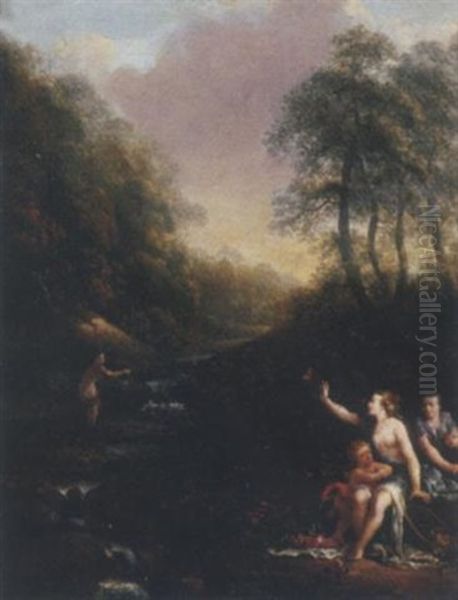 A Wooded Landscape With Nymphs Bathing By A Waterfall - view 1