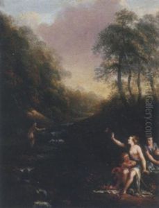 A Wooded Landscape With Nymphs Bathing By A Waterfall by Gerard de Lairesse