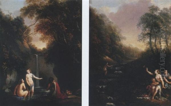 A Wooded Landscape With Nymphs Bathing By A Waterfall - view 1