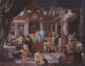 Romersk Paladsscene Med Folkelive Omkring Kvinde Og Barn Pa En Trone by Gerard de Lairesse