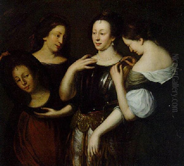 A Lady Donning A Breastplate With Maids In Attendance - view 1