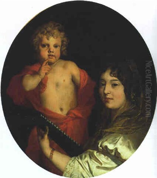 A Woman Playing A Mandolin, With A Boy - view 1