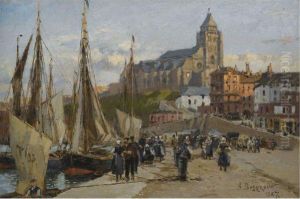 View Of Treport Harbour, Normandy by Aleksandr Karlovich Beggrov