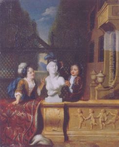 Children In Fancy Dress On A Draped Balcony Adorning A Sculpted Bust, A Classical Garden Beyond