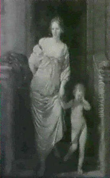 A Mother And Weeping Child Descending Steps - view 1