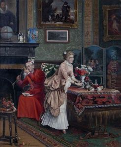 Interieur Bourgeois Anime D'un Cardinal A La Pipe Et D'une Fille Rangeant Des Fleurs Interieur Bourgeois Anime D'un Cardinal A La Pipe Et D'une Fille Rangeant Des Fleurs