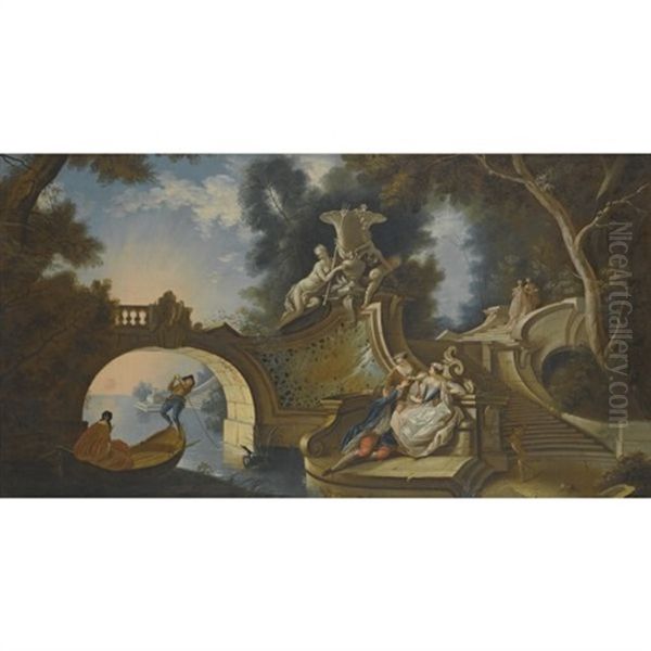 An Outdoor Scene With Elegant Figures Reclining On Riverside Steps Beside A Bridge - view 1