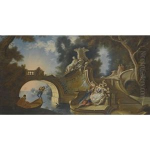 An Outdoor Scene With Elegant Figures Reclining On Riverside Steps Beside A Bridge An Outdoor Scene With Elegant Figures Reclining On Riverside Steps Beside A Bridge