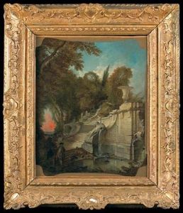 Escalier Sous Les Frondaisons Au Soleil Couchant Ou Le Retour De Chasse by Jacques de Lajoue