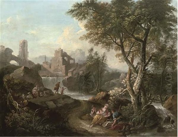 Travellers, Shepherds And Their Flock Resting Before A River, A Waterfall And Ruins Beyond - view 1