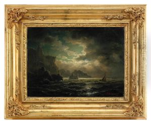 Shipping Off A Dramatic Rocky Coastline At Dusk by Aleksandr Karlovich Beggrov